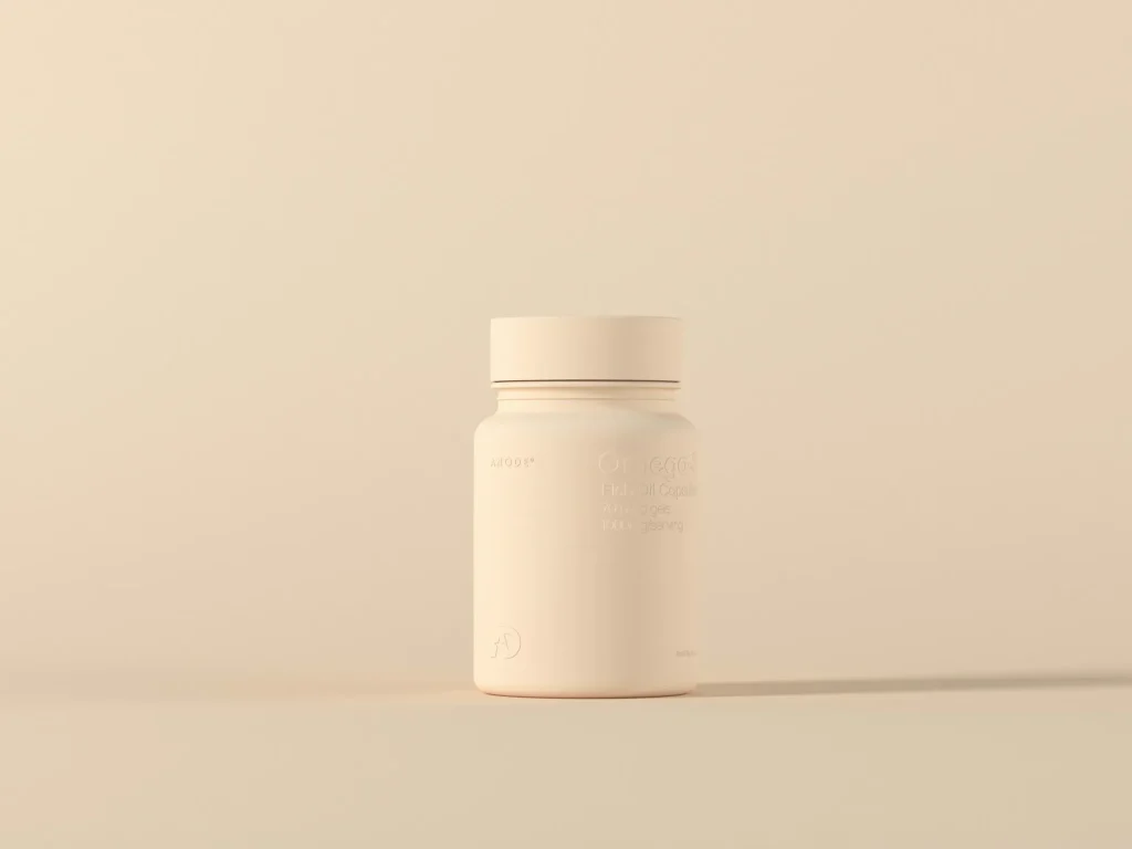 An unbranded cream supplement bottle on a warm neutral ground